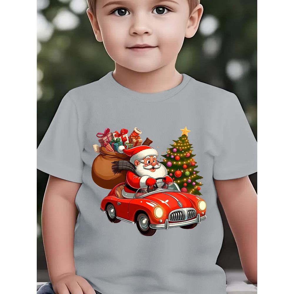 Boys' Christmas & Summer Short Sleeve T-Shirt Santa Claus Cartoon Print Christmas Girl's T-shirt Tops
