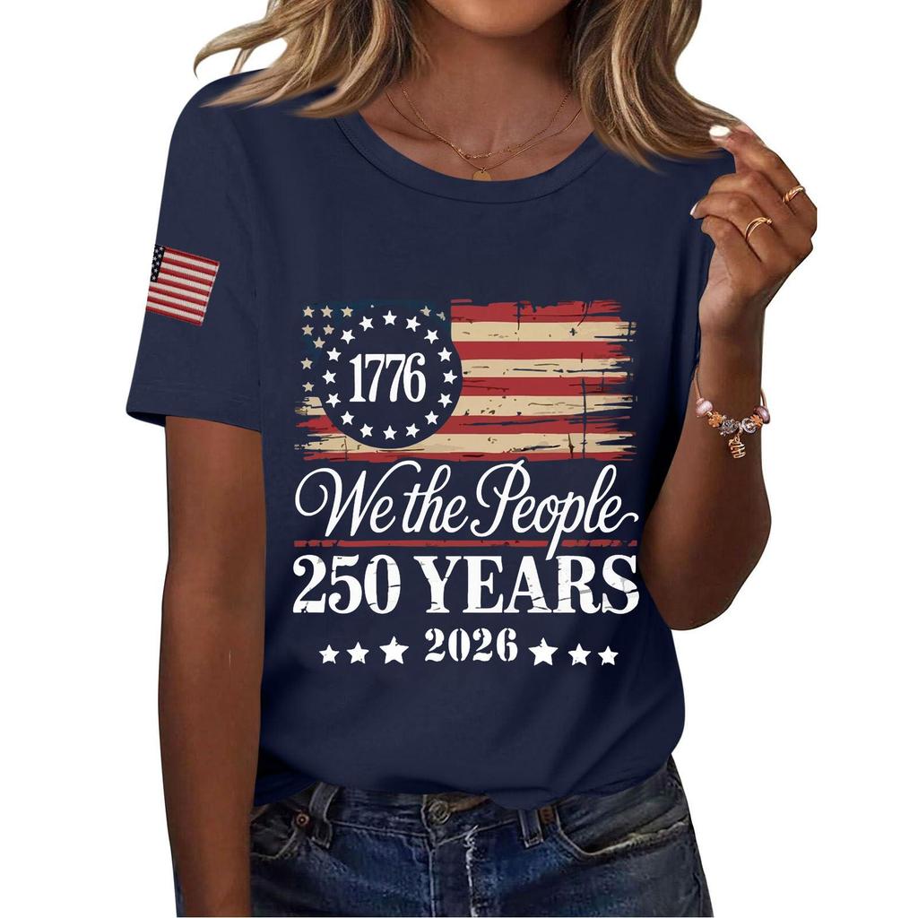 Women Casual Independence Day Print Crew Neck Short Sleeve T-Shirt Top Lightweight Comfortable Fit Stylish Design Summer Wear