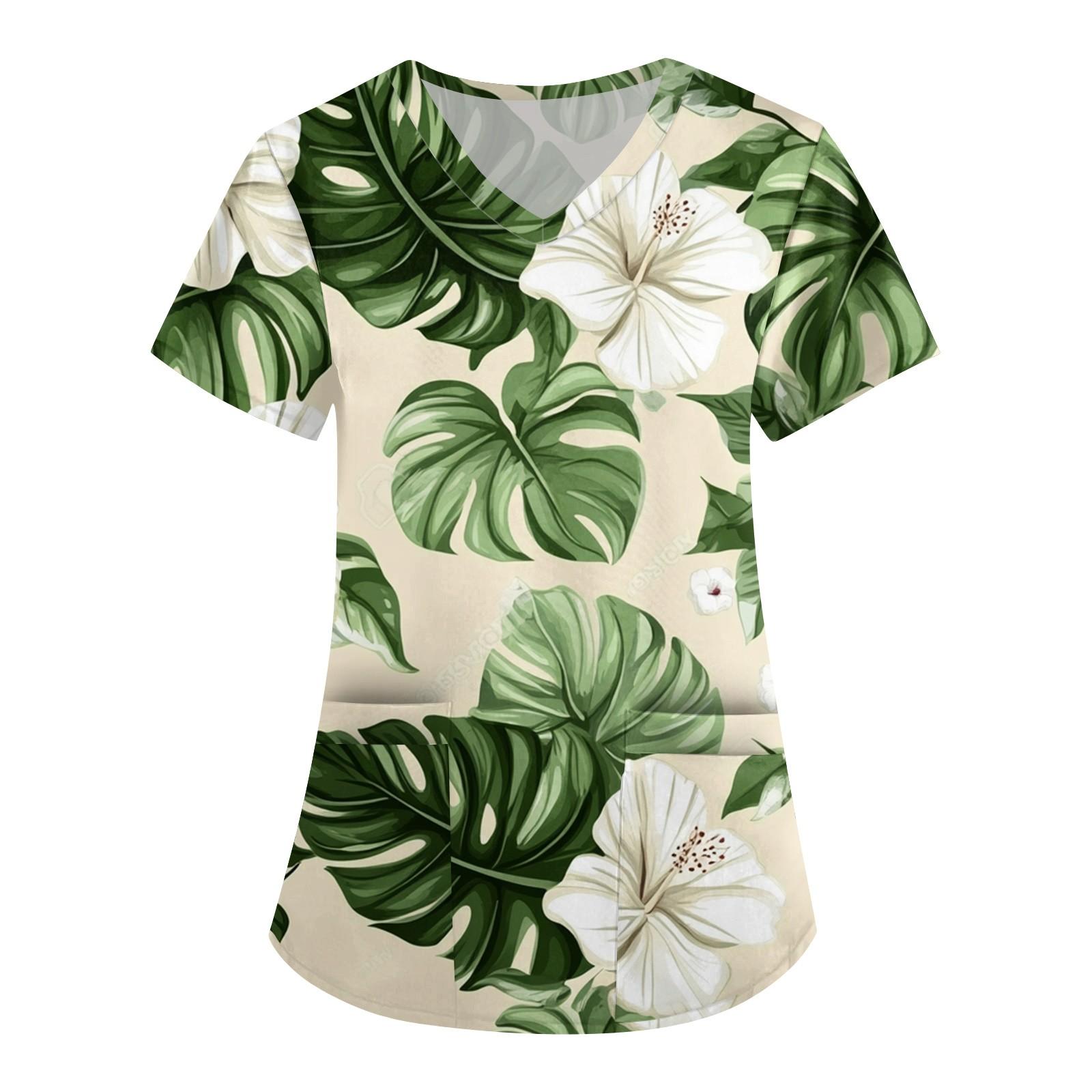 

Women s Fashion V-neck Short-sleeved Workwear With Pocket Hawaiian Print Top Carer Suit XL