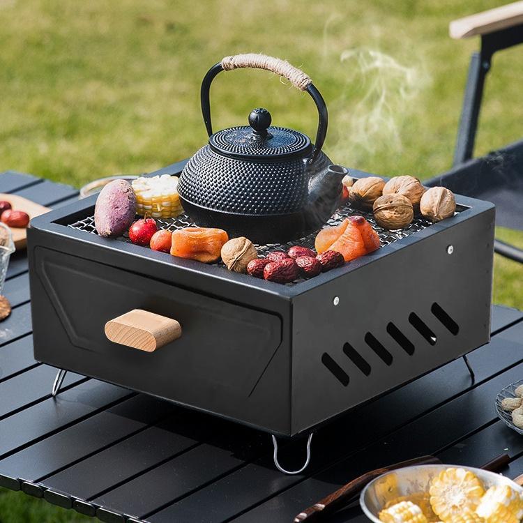 Portable Square Charcoal Grill for Outdoor Camping Picnic Backyard BBQ and Tea Boiling