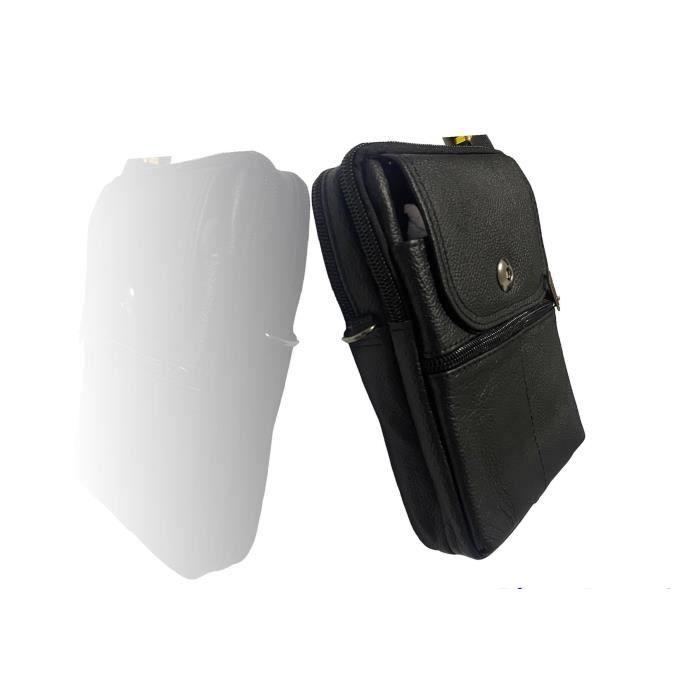Sacoche Homme Cuir - Besace Pochette - Sac Bandouliére - Noir - Fermeture Eclaire Multipoche -Poche Bouton -Rengeur Documents