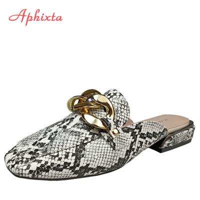 Aphixta Verano Nuevo Cadena Mujeres Estampados de Serpiente Chanclas Cuadrado Toe Zapatos Clásico Hebilla Dorada Chanclas de Cuerda Calzado Talla Grande Plus 43