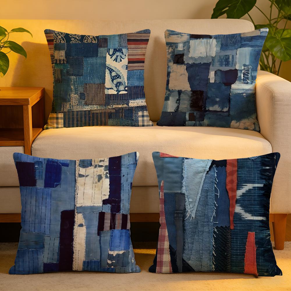 Cushion Cover Linen SkinFriendly Soft Decorative Case for Sofa Home Decor Denim Patchwork Print Pillow Cover