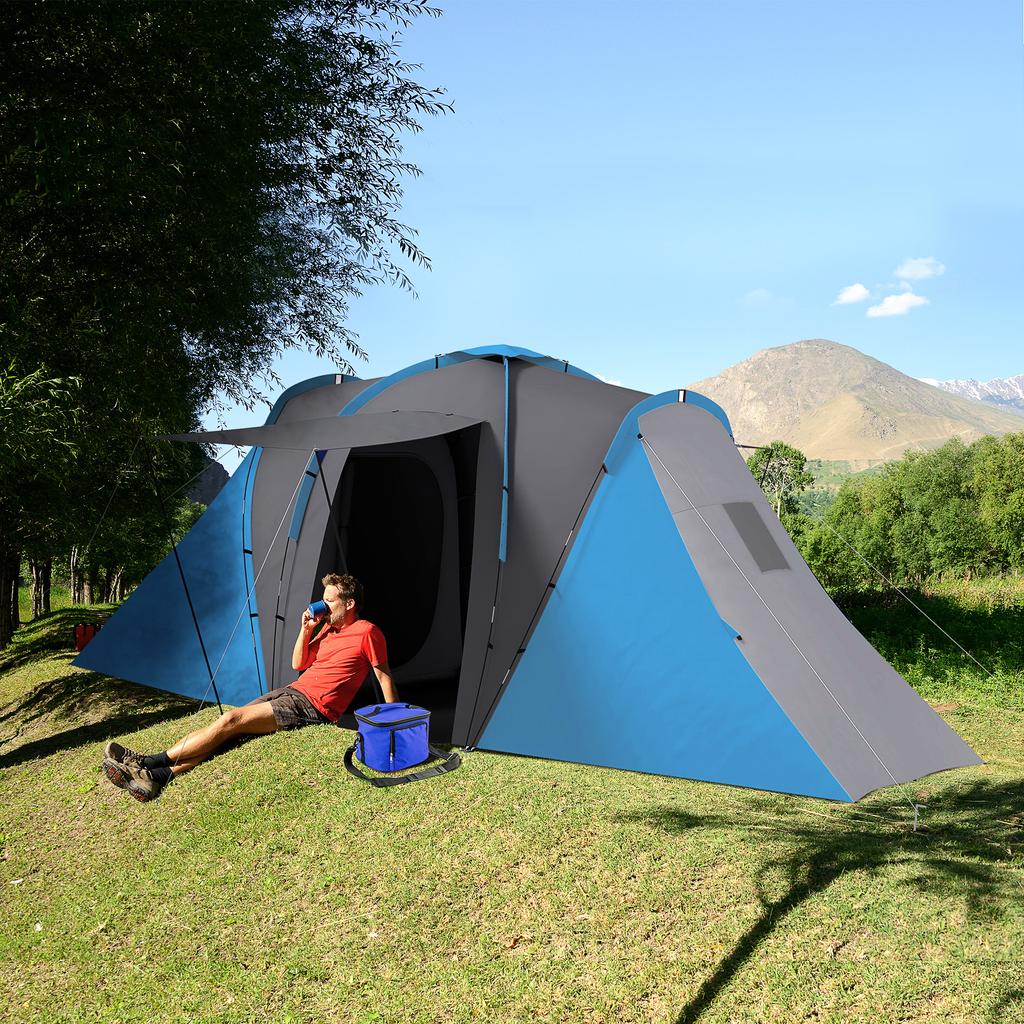 Large Camping Tent Tunnel Tent with 2 Bedroom and Living Area, 2000mm Waterproof, Portable with Bag for 4 Man, Blue