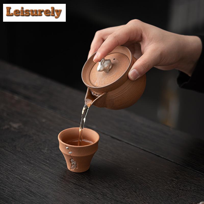 180ml Retro Coarse Pottery Old Rock Mud Hand Grab Po Japanese Gilded Silver Rabbit T Pot Tea Brewing Filter Kettle Kungfu Teaset
