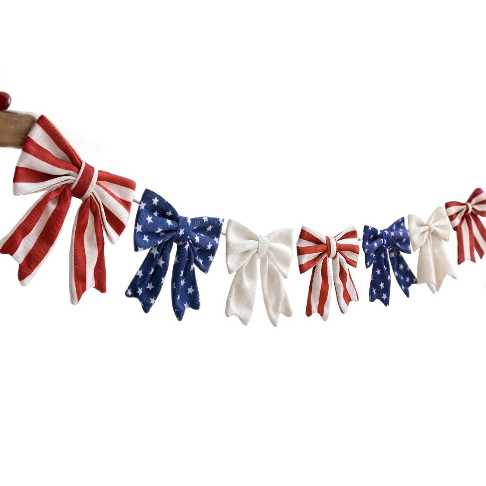 

Fabric Bow Garland with Star and Stripe Pattern Decorative Hanging Bows for Home Party Event Indoor Outdoor Decoration One Size червоний