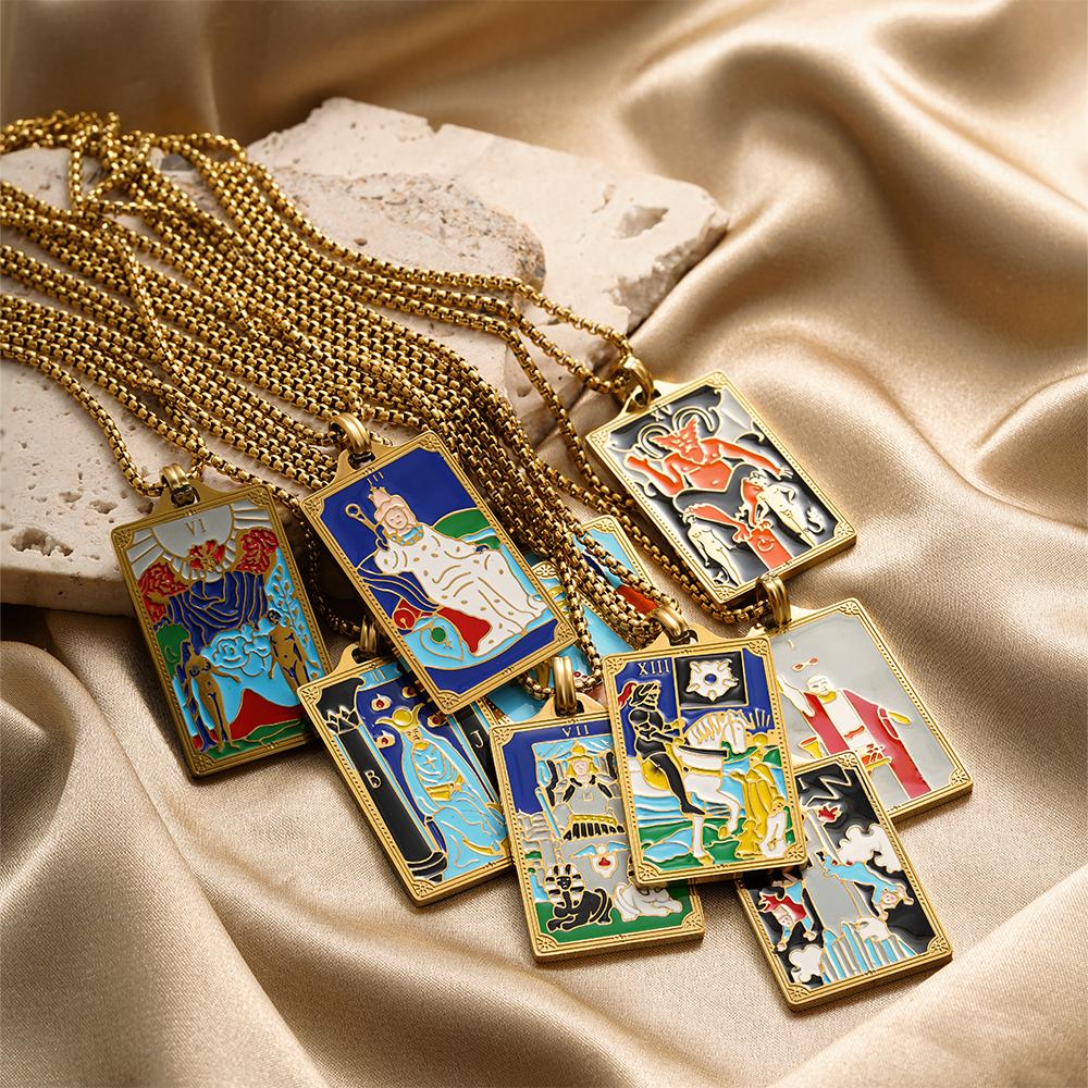 New Design Colorful Enamel Tarot Cards Pendant Necklaces 18K Gold Plated Sun Star Moon Box Chain Choker Jewelry for Women
