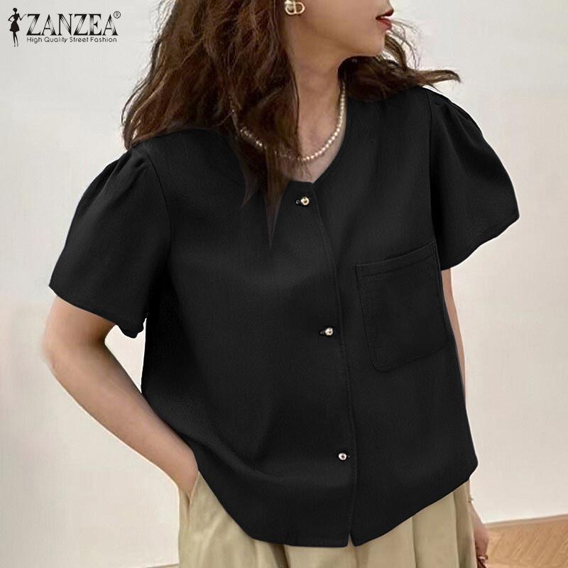 ZANZEA Women Casual Round Neck Button Short Sleeve Blouse