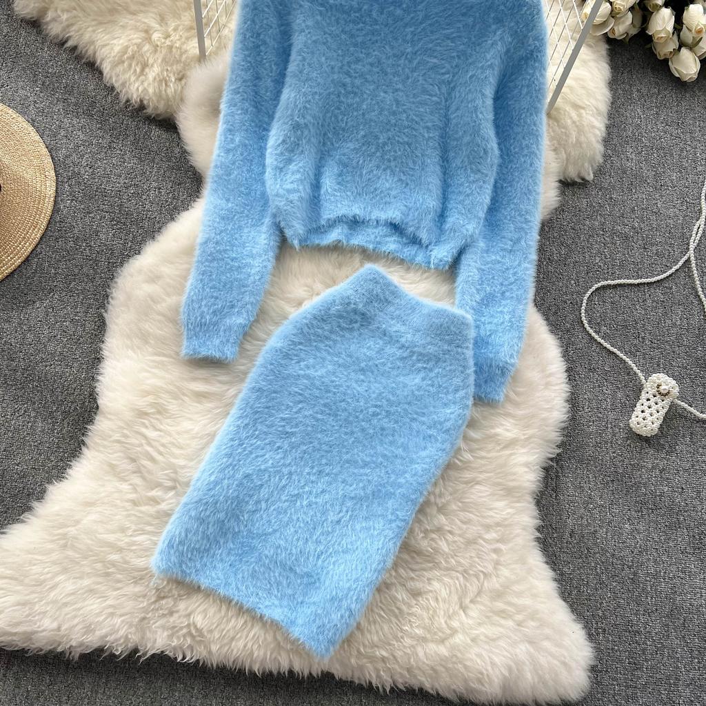 Autumn And Winter Plush Waist Short Section Knitted Sweater Plus High-Waisted Half-Body Skirt Temperament Two-Piece Suit Woman