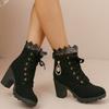 Autumn and Winter New Round Head Thick Heel Lace Fashion Boots Rhinestone Pendant High Heel Large Size Suede Women's Boots