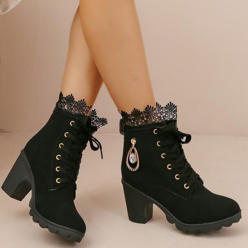 Autumn and winter new round head thick heel lace fashion boots rhinestone pendant high heel large size suede women's boots