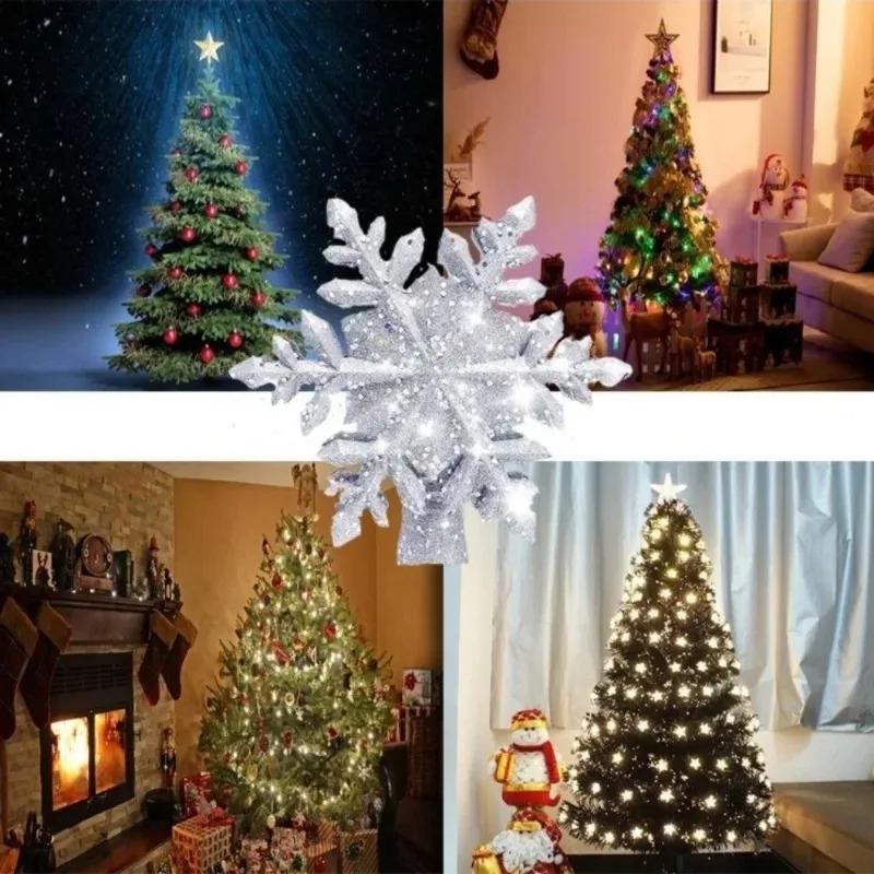 Christmas Tree Topper Projector Gold Star with Highlight LED Rotating Snowflakes and Santa Claus Projector Xmas Tree Top Decore