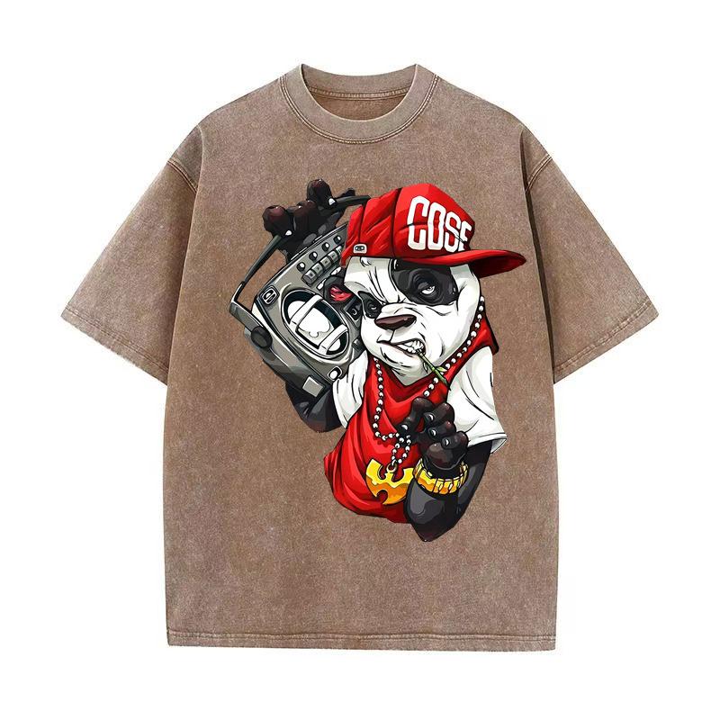 PAmerický retro vzor Hip Hop Medvěd Potisk Tričko Prané Bavlna Krátký Rukáv Letní Streetwear Vintage Unisex Top