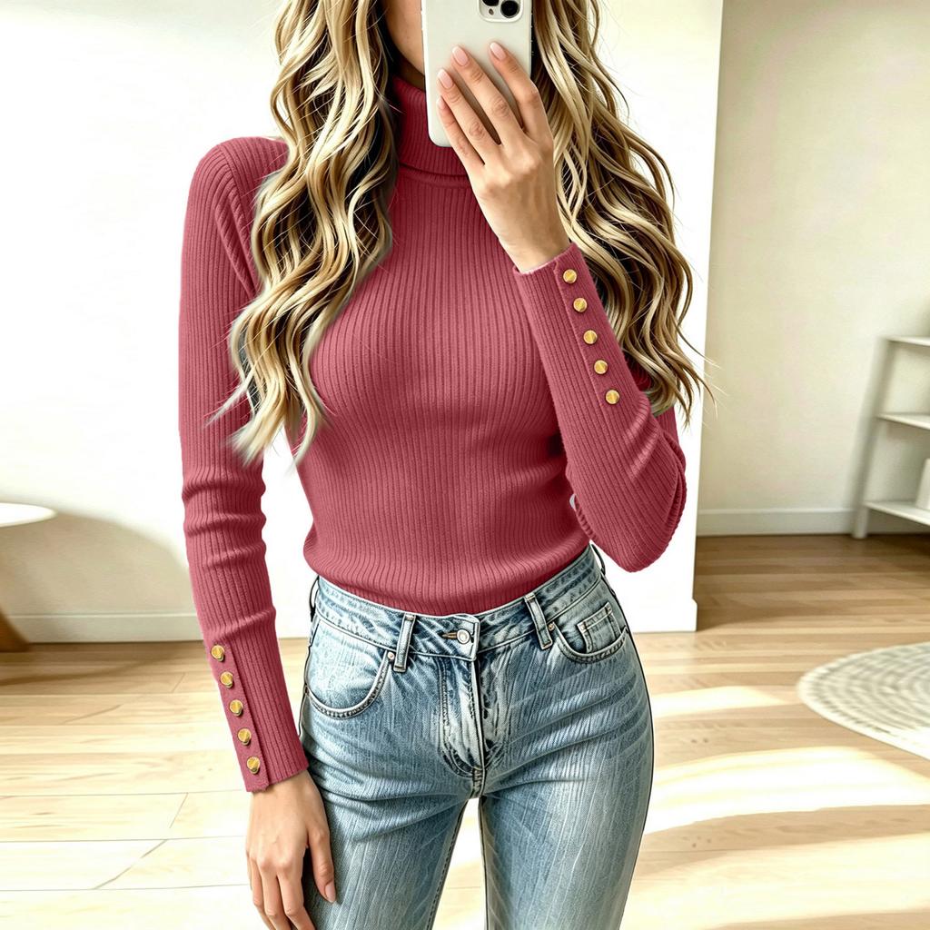 Women's High Neck Pullover Knit Sweater with Decorative Buttons - Casual Winter Fashion Top