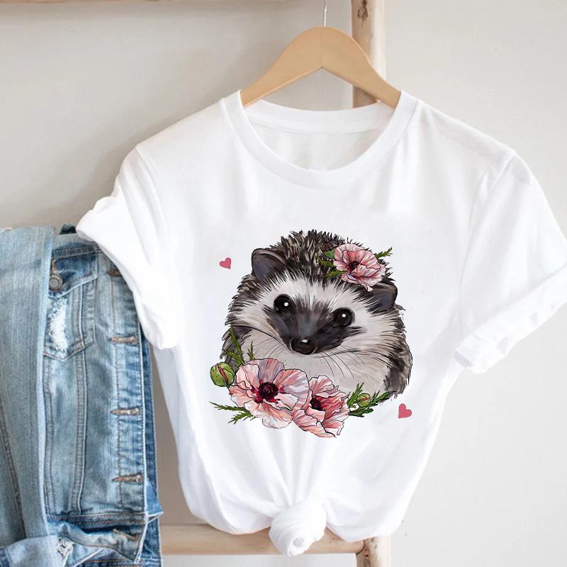 

Hedgehog Flower Print T Shirts Women Summer Clothing Fashion Spring Summer Tshirt Tops Lady Graphic Clothes Female Tees T-Shirt S