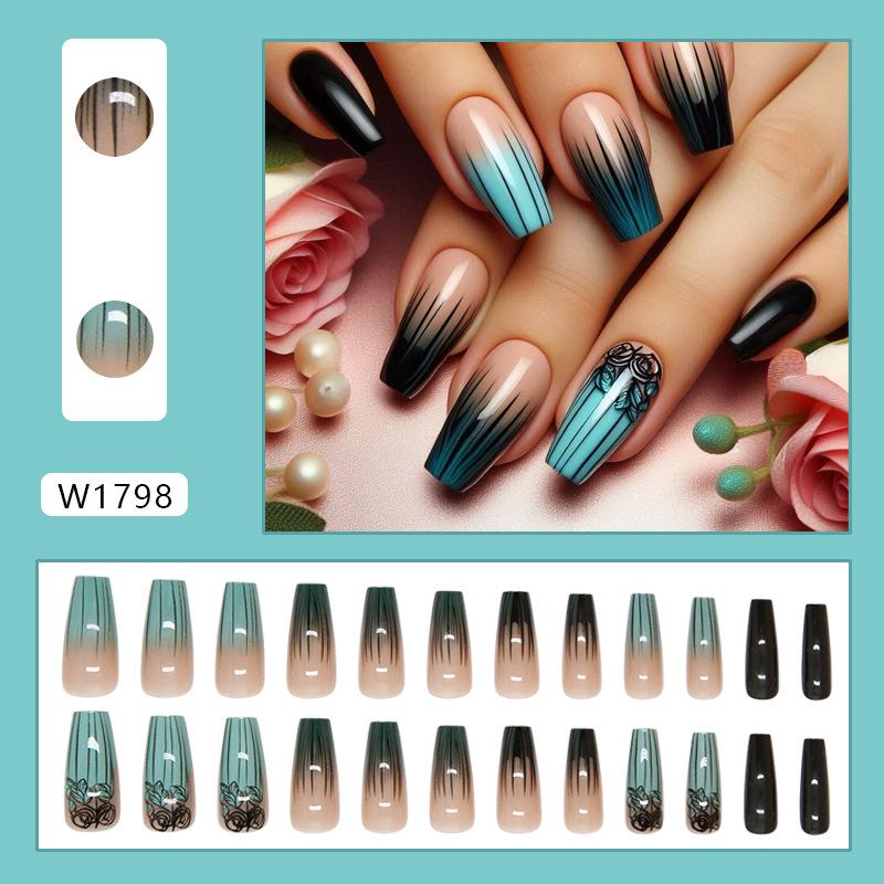 

24 шт. Накладные ногти для ногтей, темно-зеленые, в национальном стиле, съемные, с розовым рисунком, накладные ногти