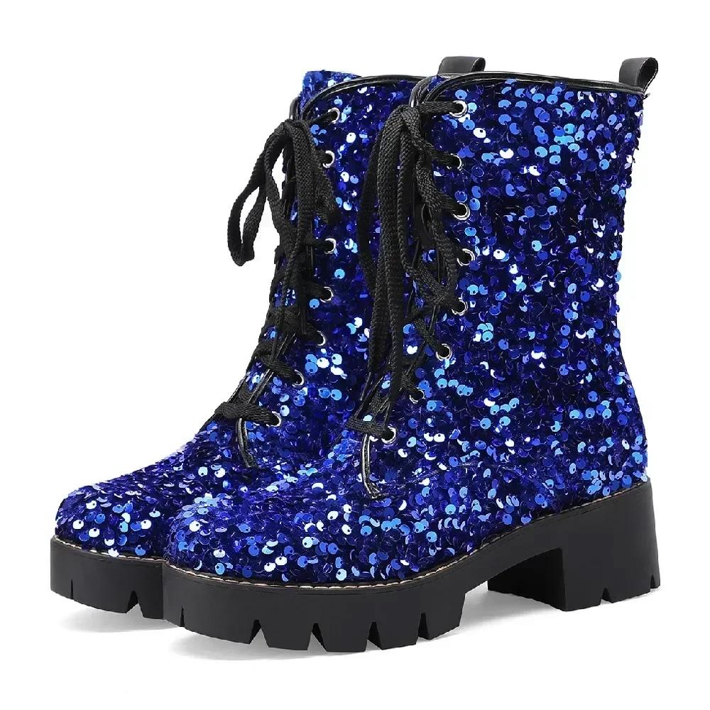 Pink Bling British Women Platform Ankle Boots Gold Sequined Cloth High Thick Heels Round Toe Lace-up Ladies Platform Short Boots
