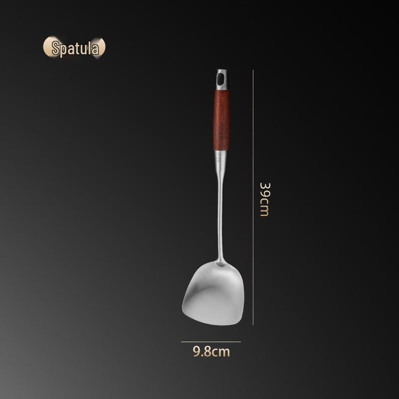304 Stainless Steel & Pear Wood Kitchen Utensil Set - Stir-Fry Spatula, Skimmer, Frying Spatula, Rice Spoon.