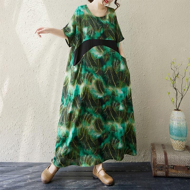 Kort ermet Pluss størrelse Bomull vintage blomstret Prikket ny i kjoler for kvinner avslappet løs lang sommerkjole