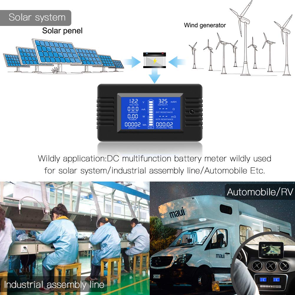 DC 0-200V 0-300A Battery Monitor Meter with Shunt, 9-in-1 Digital LCD Multimeter for 12V/24V/48V Solar System, RV, Car. Measures Voltage, Current,