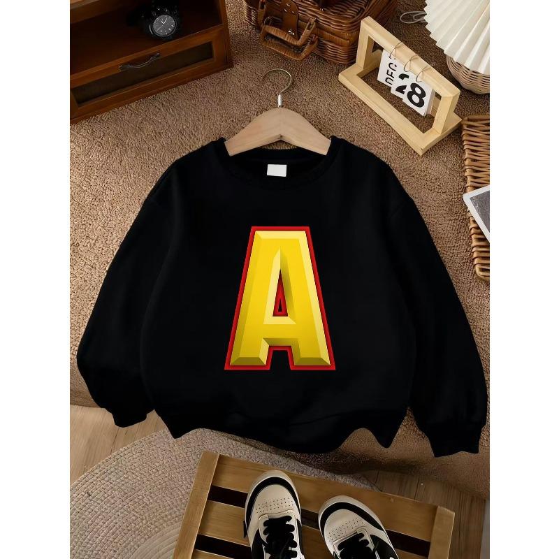 Kids Unisex Pink Crewneck Sweatshirt, 3D Golden Letter A With Red Border Print Long Sleeve Pullover, Soft Sweatshirt for Boys Girls Over 4 Years Old