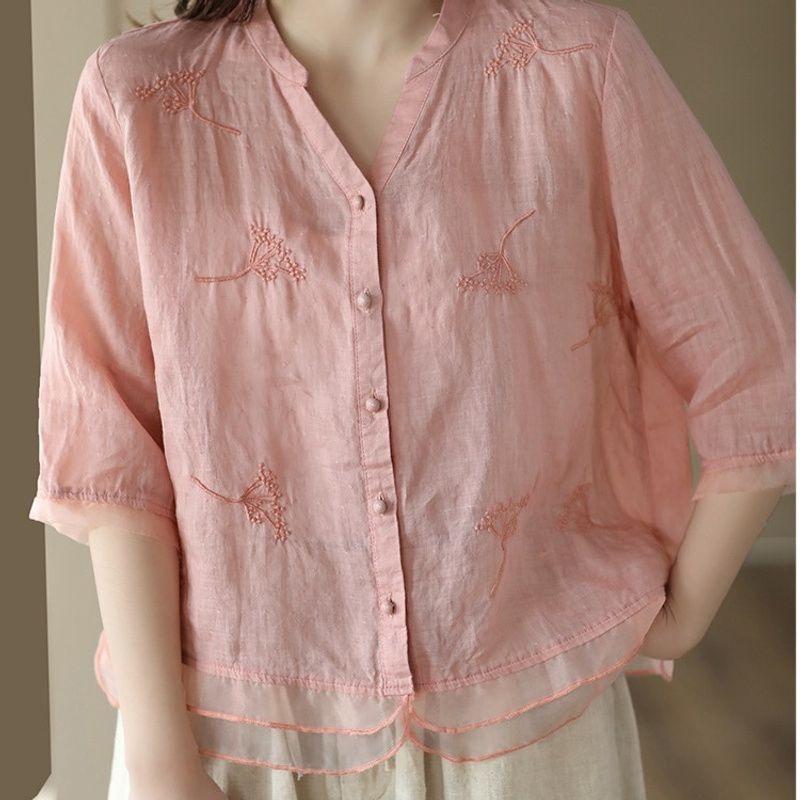 Women Embroidered Linen Blend Blouse V Neck Three Quarter Sleeve Button Down Casual Shirt