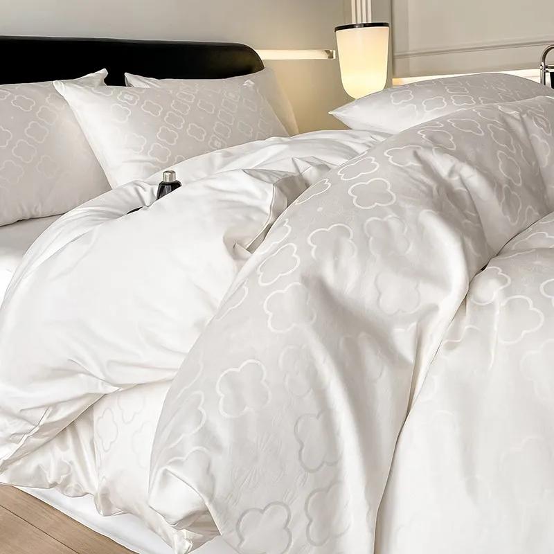 Light Luxury Satin Jacquard Solid Fitted Sheet Sets Pure Cotton Skin-Friendly Soft Quilt Cover 1.5/1.8M Bed Bedding for Adults