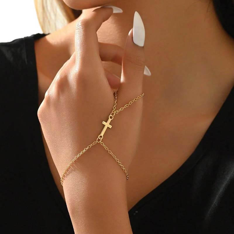 Fashion Gold Color Pearl Cross Hand Chain Bracelet Rings For Women Girls Simple Metal Beaded Bracelets Hand Jewelry Gift