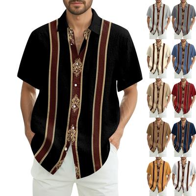 Men's Fashionable Casual Loose Striped Printed Beach Short-sleeved Shirt