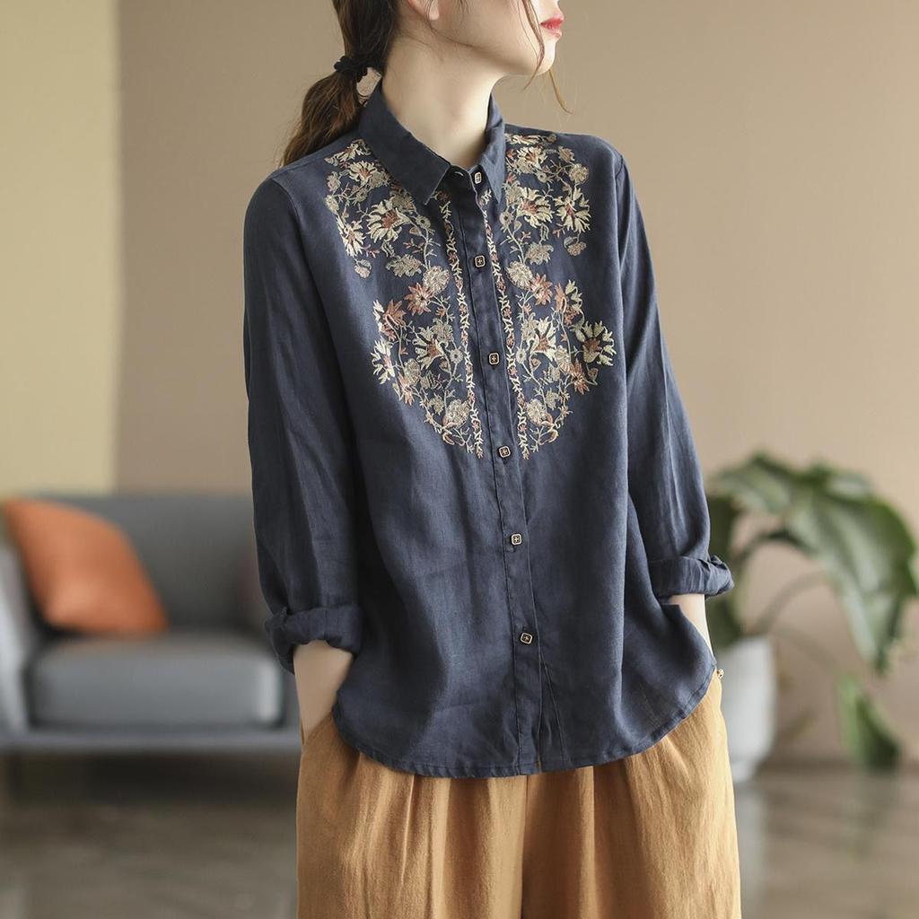 Retro Ethnic Embroidered Cotton Linen Blouse - Women's Long Sleeve, Spring 2025.