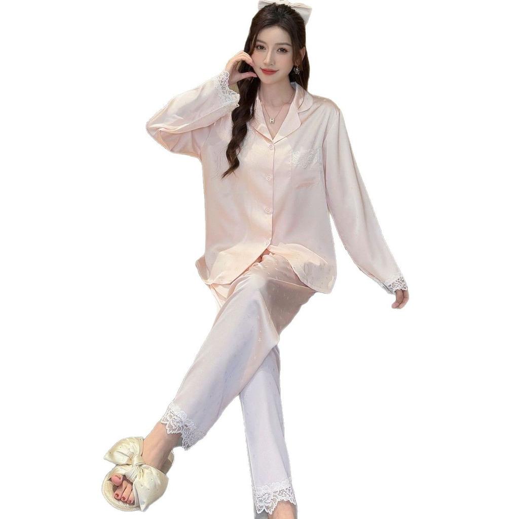 Ice Silk Pajamas Spring and Summer High-end Lace Edge Long-sleeved Court Style Loungewear Girl Sweet Style Pajamas 1181