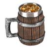 Viking Wood Style Beer Mug Simulation Wooden Barrel Beer Cup Double Wall Drinking Mug Metal Insulated Bar Drinking