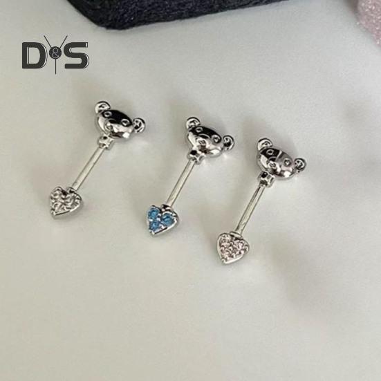 1 PC Boucles d'oreilles à clous Ours de dessin animé et forme de cœur Zircone cubique brillante Boucles d'oreilles pour cartilage pour les soirées en club Anneau de nez sans pas de vis