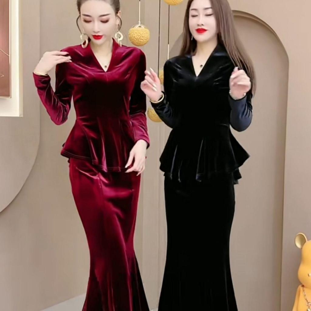 Golden Velvet Women's Fishtail Dress Set - Autumn/Winter Slimming Two-Piece
