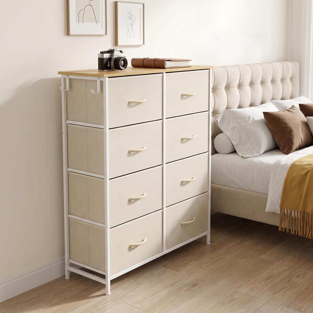 Chest of Drawers, Dresser with 8 Fabric Drawers, Tall Storage Unit with 4 Pockets and 2 Hooks Steel Frame, Beige