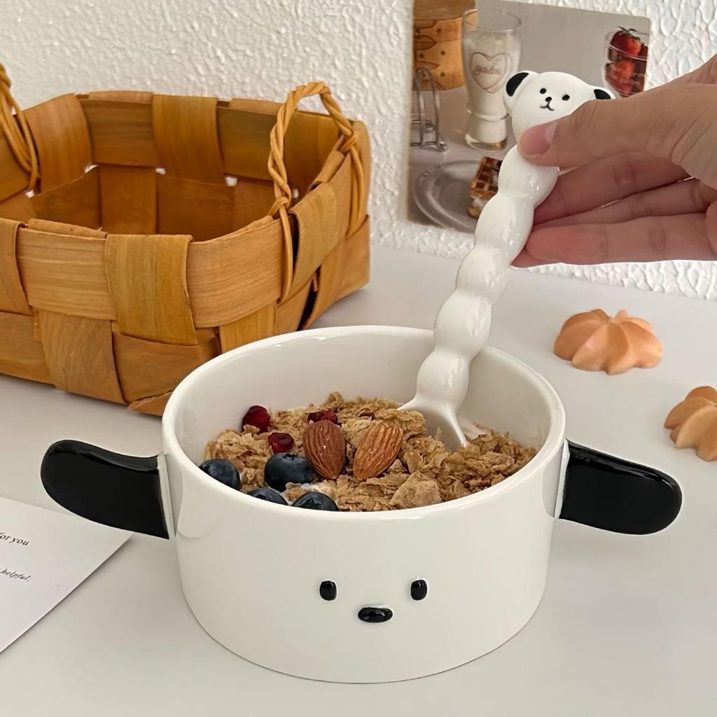 Koreansk Söt Hundformad Salladsskål Skedset Sovsal Nudelskål Keramisk Soppskål Med Handtag Kawaii Keramisk Tallrik Rätt
