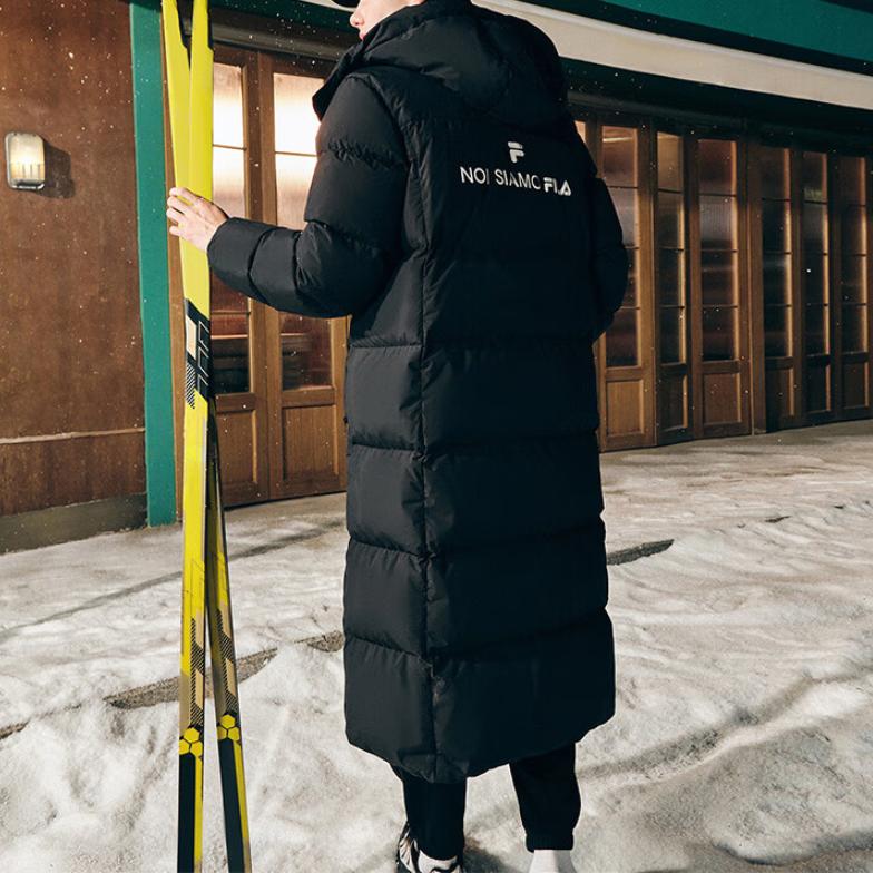 Fila Fusion FOB Series Loose Fit Zipper Hooded Comfortable Warm Long Down Jacket Men Outerwear Black T11U443907F-BK