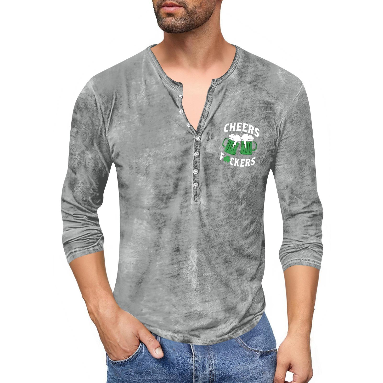 

Men S Printed T-Shirt Outdoor Retro Button Loose Long Sleeve Top XL