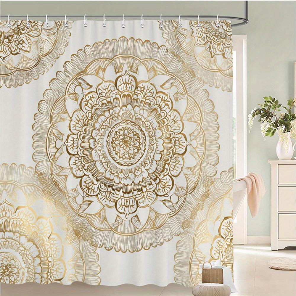 1pc Elegant Golden Mandala Shower Curtain with Symmetrical Floral & Geometric Middle Eastern/Indian Bath Curtain - Beige Luxury