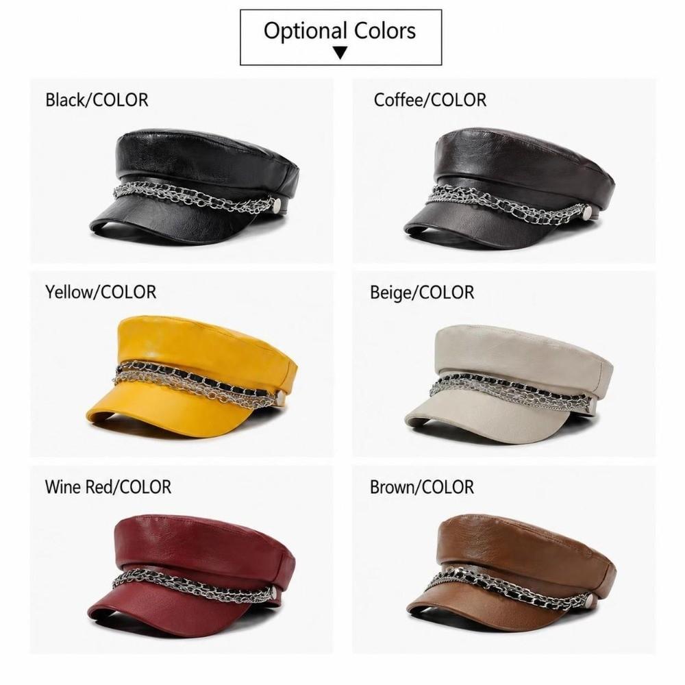 PU Leather Beret Hat Silver Chain Decor Octagonal Beret Cap Vintage Peaked Hat  Autumn Winter