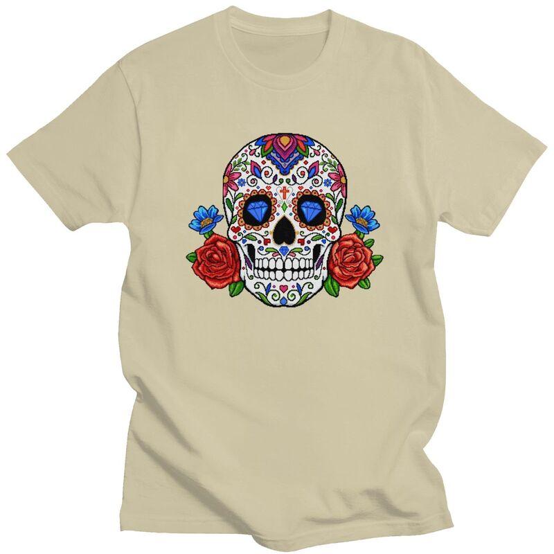 Custom Mexican Flower Rose Skull T Shirt for Men Pure Cotton Tshirt Fashion Tees Tshirt Clothing