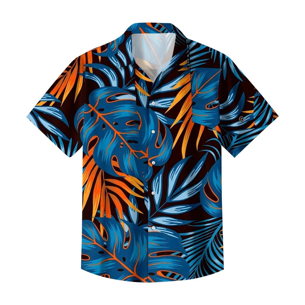 Men's Casual Loose Fit Short Sleeve Shirt Button Down Palm Leaf Print Lightweight Summer Beachwear Shirt