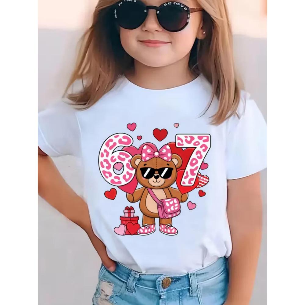 Children's Cute Girl T-Shirt Cartoon Bear Digital 67 Print Fashion Round Neck Short Sleeve Top Clothing Gift Children's Clothing