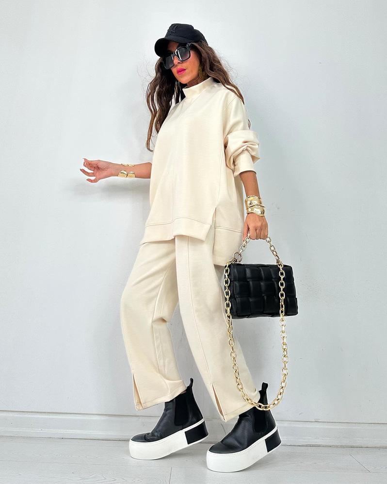 Europe, America, cross-border women's clothing 2025 autumn and winter new fashion casual suit solid color long-sleeved trousers split two-piece set
