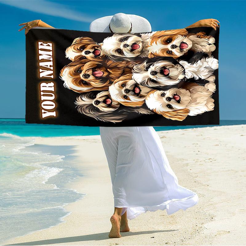 1PC Custom Name "Shih Tzu Puppies Portrait" Beach Towel Highly Absorbent And Sand-Resistant Towel for Swimming, Pool, Yoga, And Travel Lightweight
