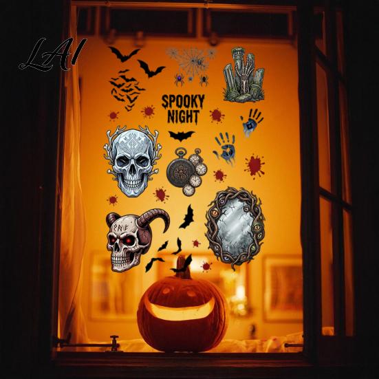 Glass Stickers Halloween Electrostatic Stickers Skull Demon Blood Handprints Bats Scary Window Pattern Cling Clings Spooky for Doors Mirrors