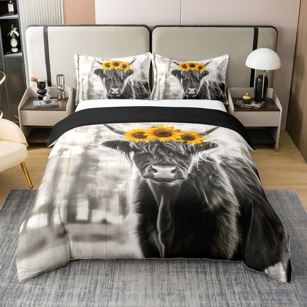 

Highland Cow Digital Printing Quilt Cover Bedding Set Quilt Cover European And American Animal Three-Piece Set US Twin 173*218