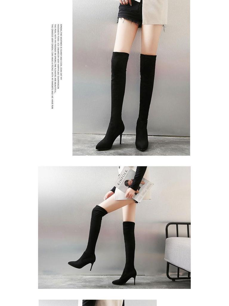 2025 High-Heeled Over-the-Knee Boots: New Slimming Chunky Heel, Elastic Velvet, Pointed Toe