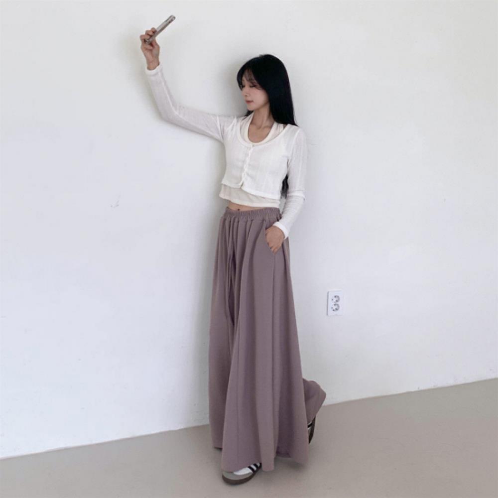 New Arrivals Open Run Women Simple Solid Pintuck Cut Wide Banding Pants