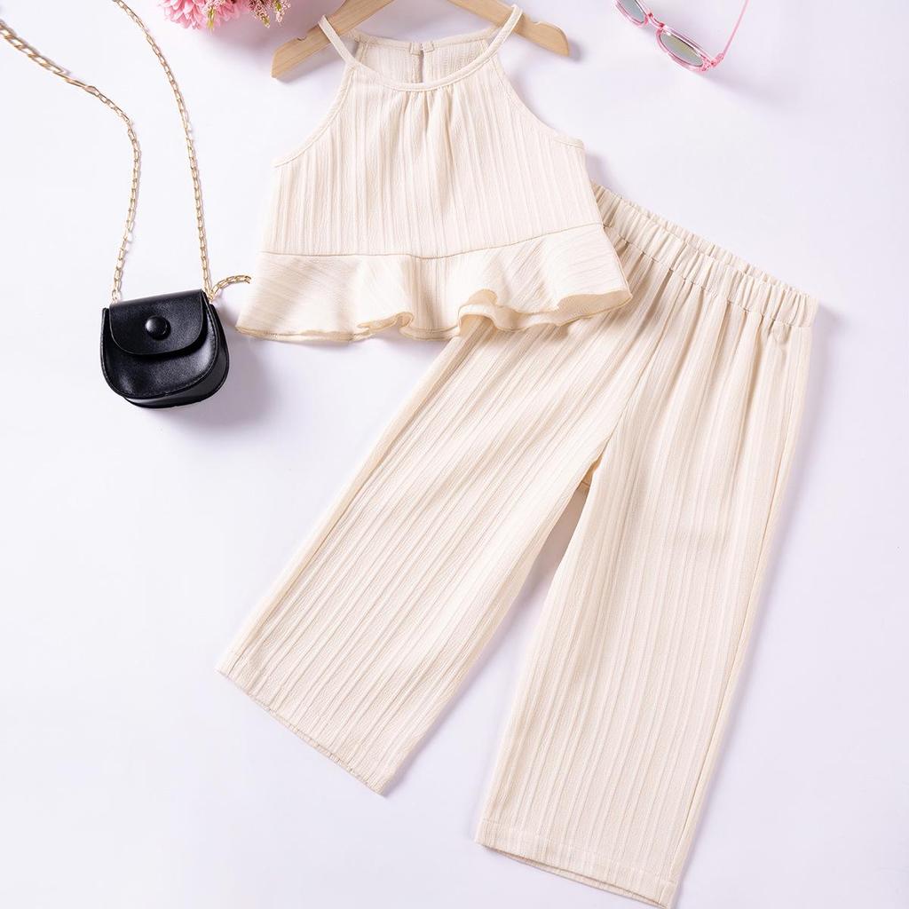 Multi-color Sea Wave Stripe Tank Top & Wide-Leg Pants Set - Stylish Summer Outfit for Girls